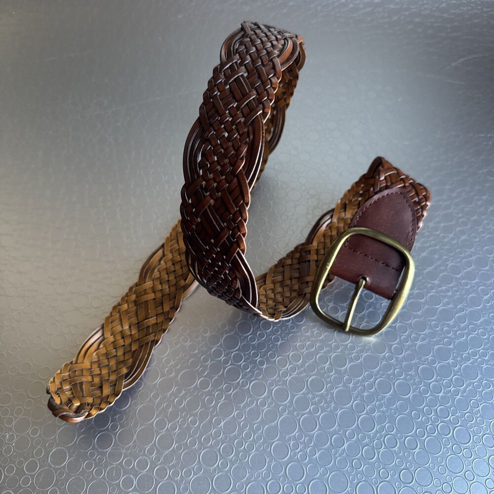 Womens Woven Brown Bonded Leather Braided Belt Wide Basket Weave Boho - Size S